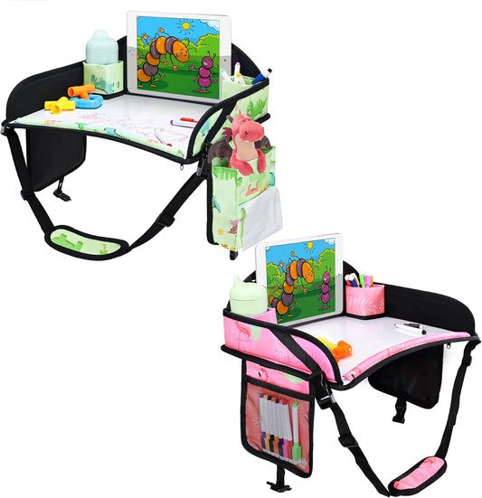 2PCS Kids Travel Tray, Car Seat Tray for kids Travel, Toddler Road Trip Essentials With Drawing Kit, Toddler Lap Desk Organizer for Car, Carseat Table for Airplane