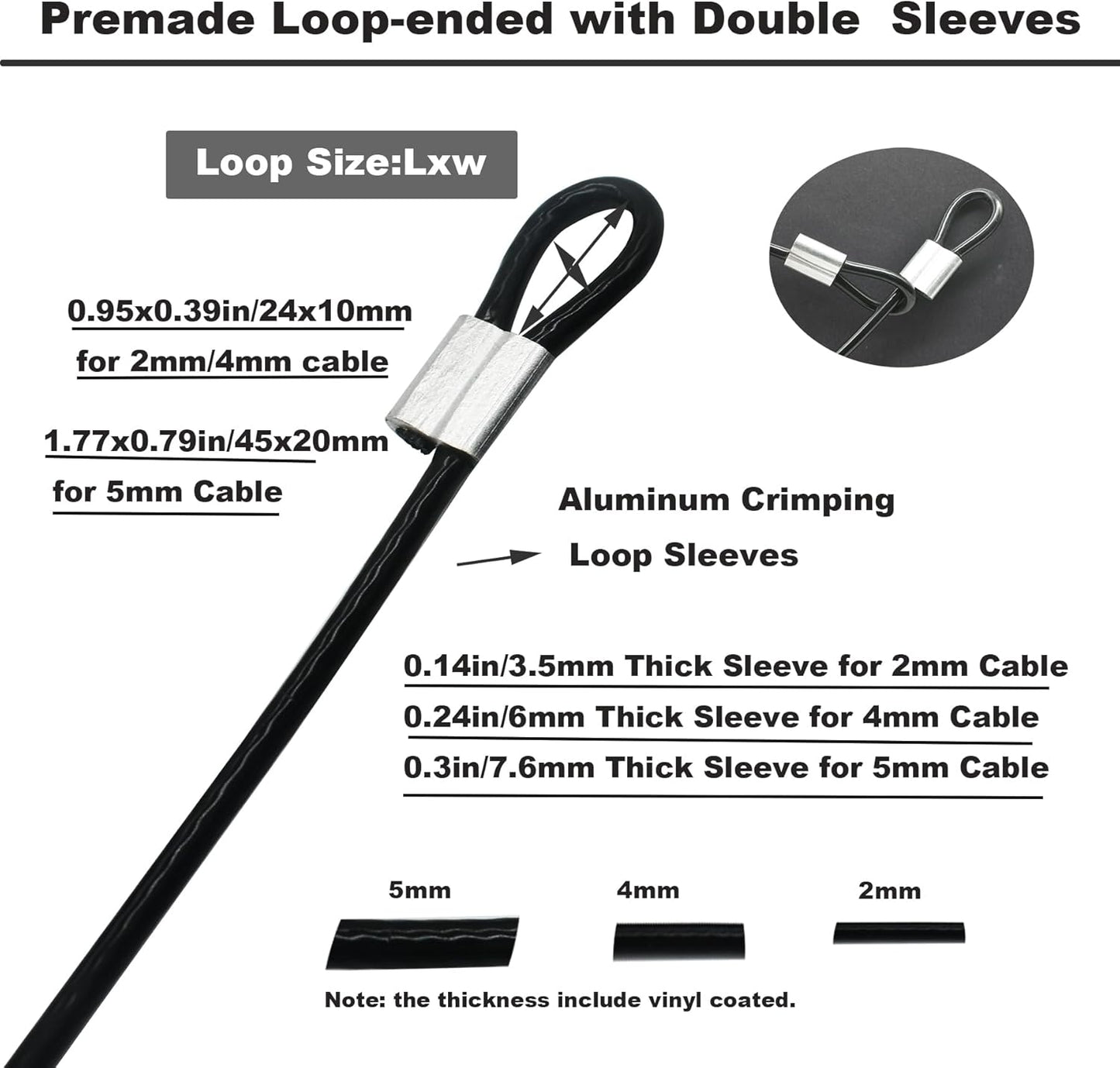 10 Pcs 2mm Wire 24 inch Vinyl Coated Stainless Steel Cable with Loops Short Wire Rope Lanyard Lock Security Chain Link for Outdoor Gates, Black (2mm x 24inch)