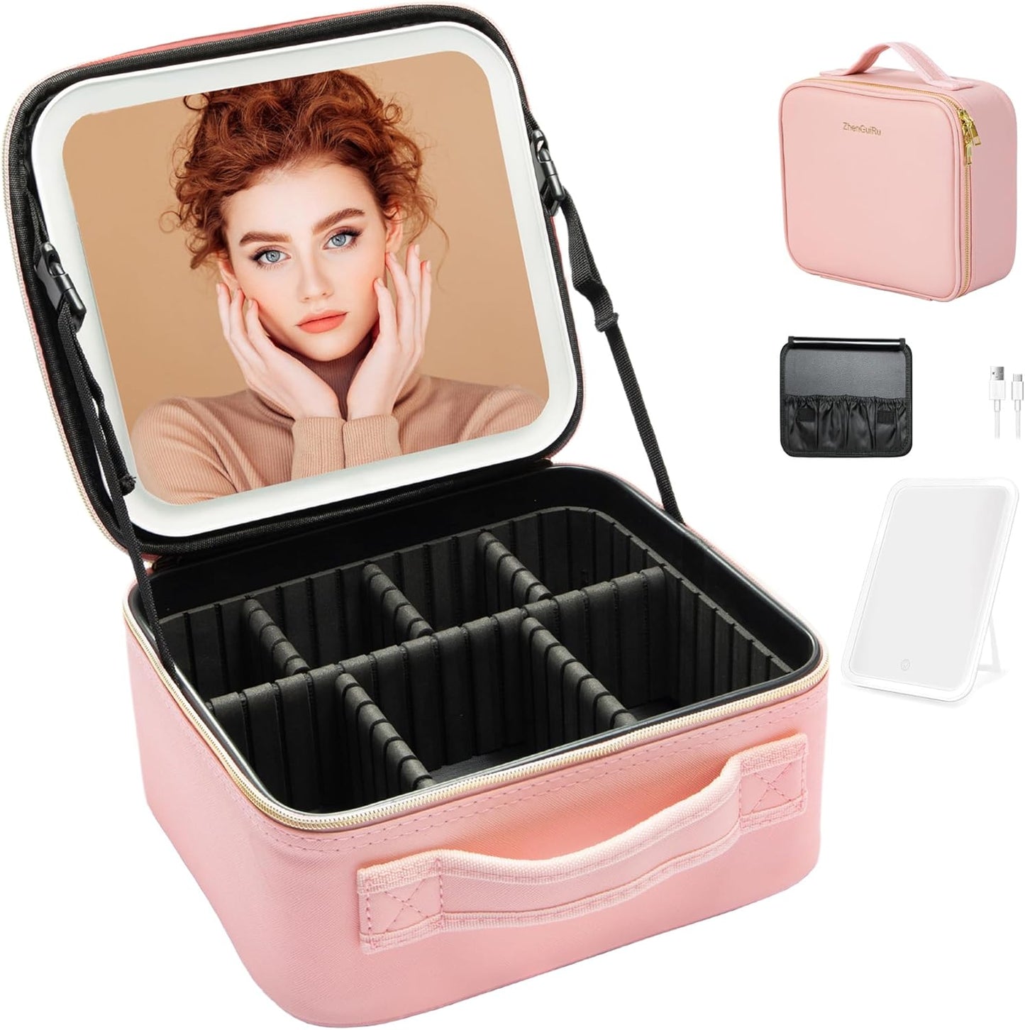 Travel Makeup Bag with LED Mirror – Waterproof Cosmetic Train Case with Adjustable Dividers, Portable Makeup Organizer and Toiletry Bag for Women, Teens & Girls Gift, Pink