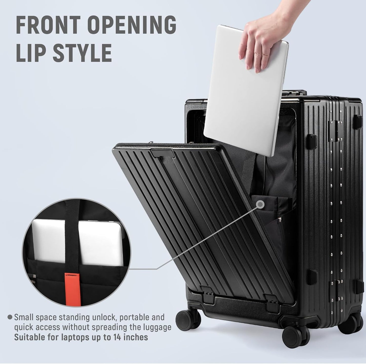 UrbanExplorer 20 Inch Carry On Luggage TSA Approved, Aluminum Frame Zipperless Luggage Carry On with Compartment for Short Trips, ABS+PC Hard Shell Suitcases with Spinner Wheels, Black