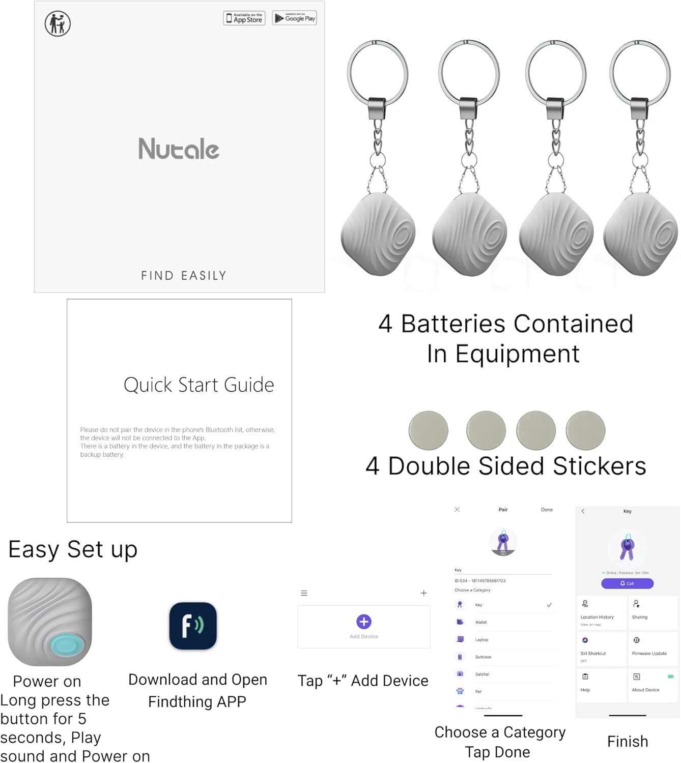 Key Finder, Bluetooth Tracker Item Locator with Key Chain for Keys Pet Wallets or Backpacks and Tablets, Batteries Include (Gray, 4 Pack)