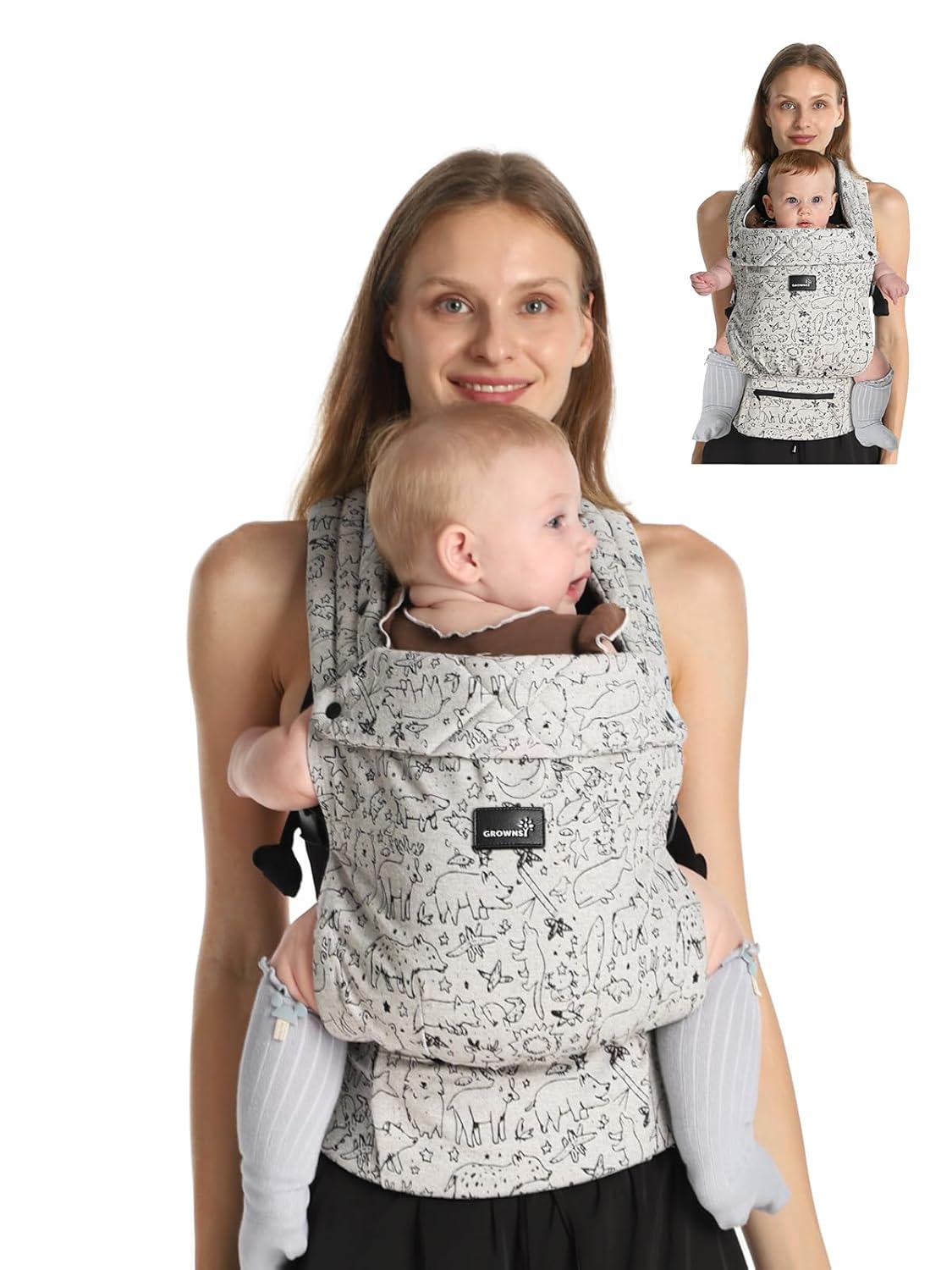 GROWNSY Baby Carrier Newborns to Toddlers, Ergonomic Baby Toddler Carrier Wraps with Head Support, Easy to Wear, Infant Carrier Baby Gift, Travel and Hiking Friendly, 7 to 44 lb (Animal)