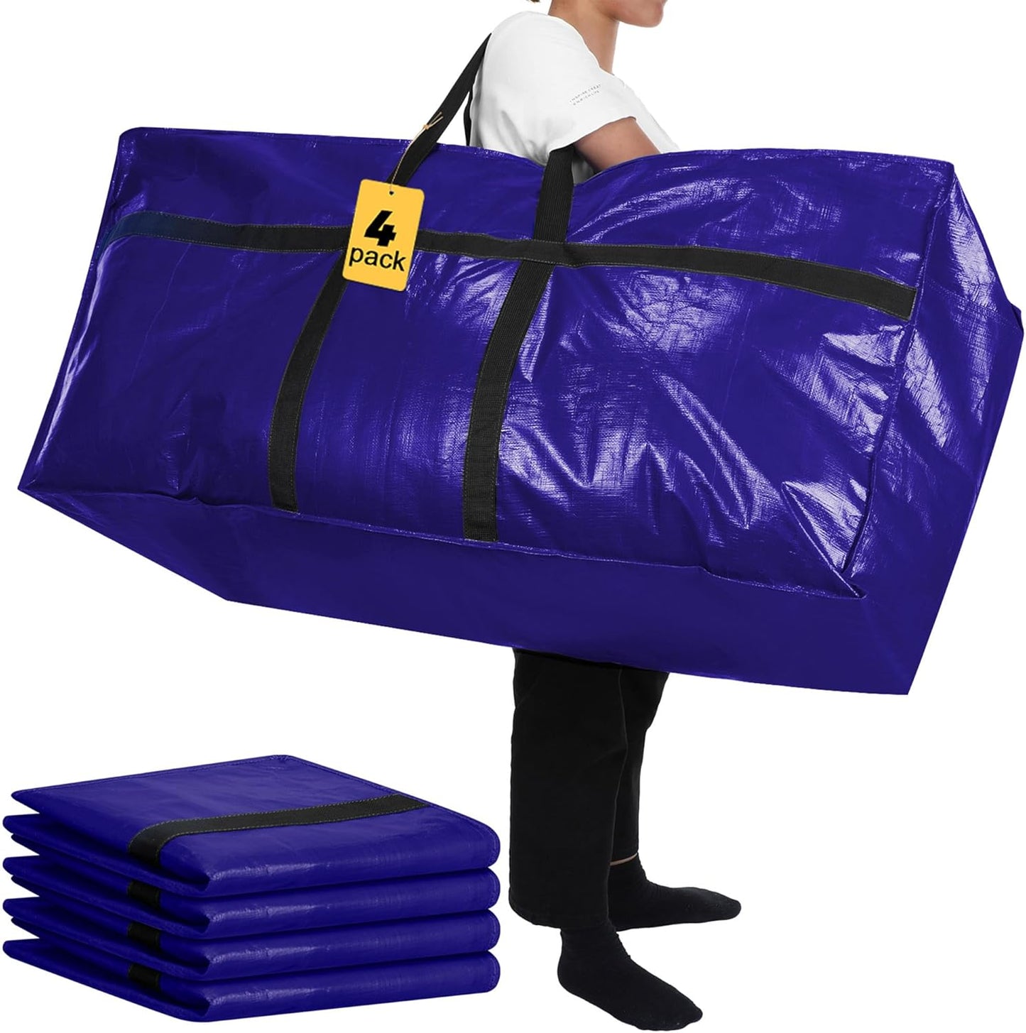 4 Pcs 66 Gallon Large Moving Bags with Zipper and Handles Foldable Storage Duffle Bags Heavy Duty Extra Large Totes for College Dorm Travel Clothes Blankets Bedding Moving (Navy Blue)