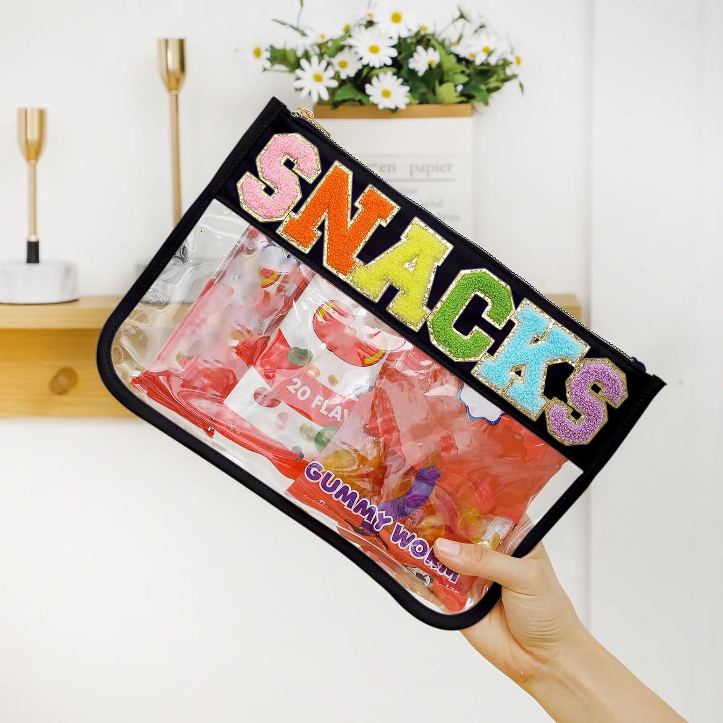 DYSHAYEN Chenille Letter Clear Zipper Pouch for Travel,Nylon Clear Cosmetic Bag,Makeup Travel Bag for Women Girls 11.8 Inches x 8.2 Inches