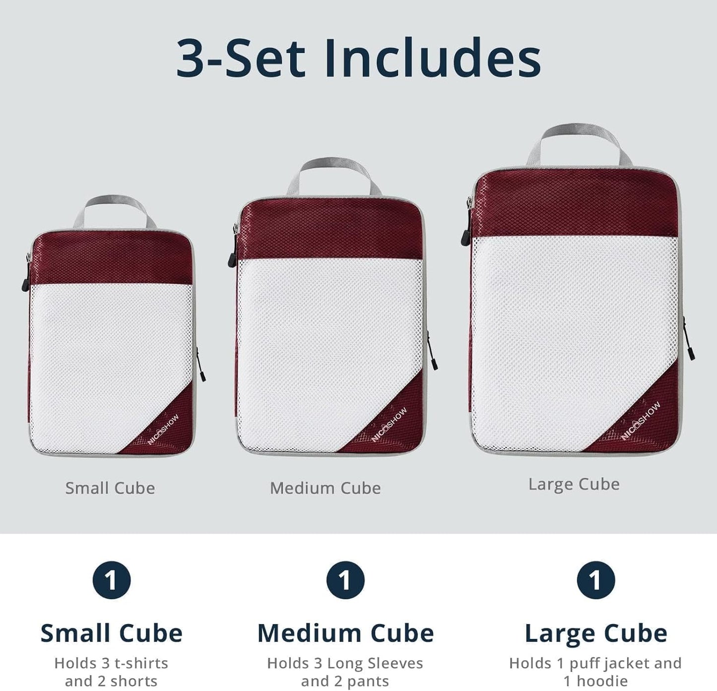 3 Set Compression Packing Cubes for Travel - Compressible, Lightweight, and Space-Saving Packing Cubes, Travel Essentials for Women, Wine