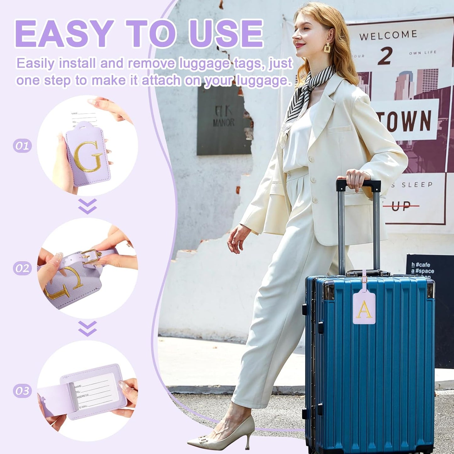 Personalized Initial Luggage Tags for Suitcase, Purple Leather Cute Luggage Tags with Privacy Cover Name Card, Embroidered Custom Monogrammed Luggage Tag Travel Backpack Tags Gifts for Women Kids(A)