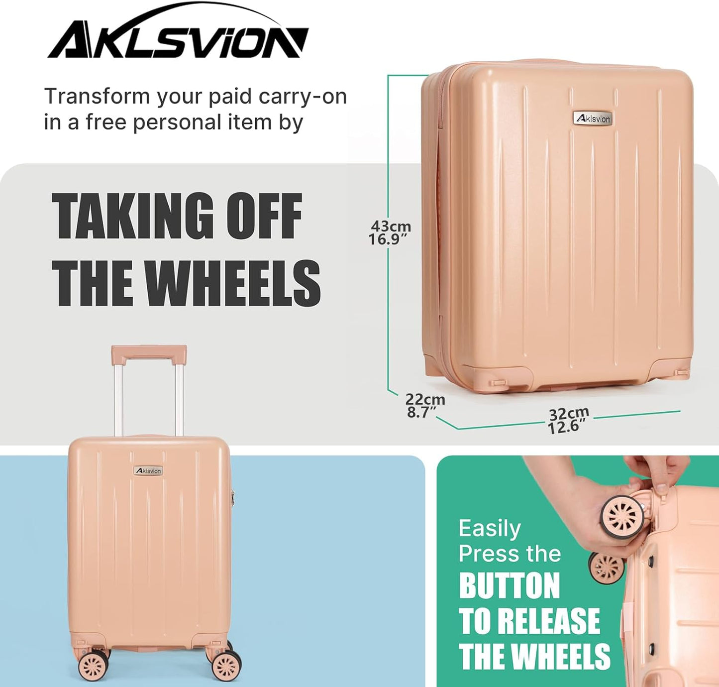 18-inch Carry-on Boarding Luggage: Equipped with Movable Wheels, TSA Approved,Under the Seat, Hard Shell Construction, Lightweight Bag with Essential Accessories (Baby Pink)