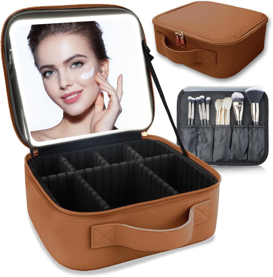 Makeup Bag with Led Mirror,Travel Makeup Organizer with 3 Color Setting, Portable Storage and Adjustable Dividers Travel Makeup Bag(CARAMEL COLOR)