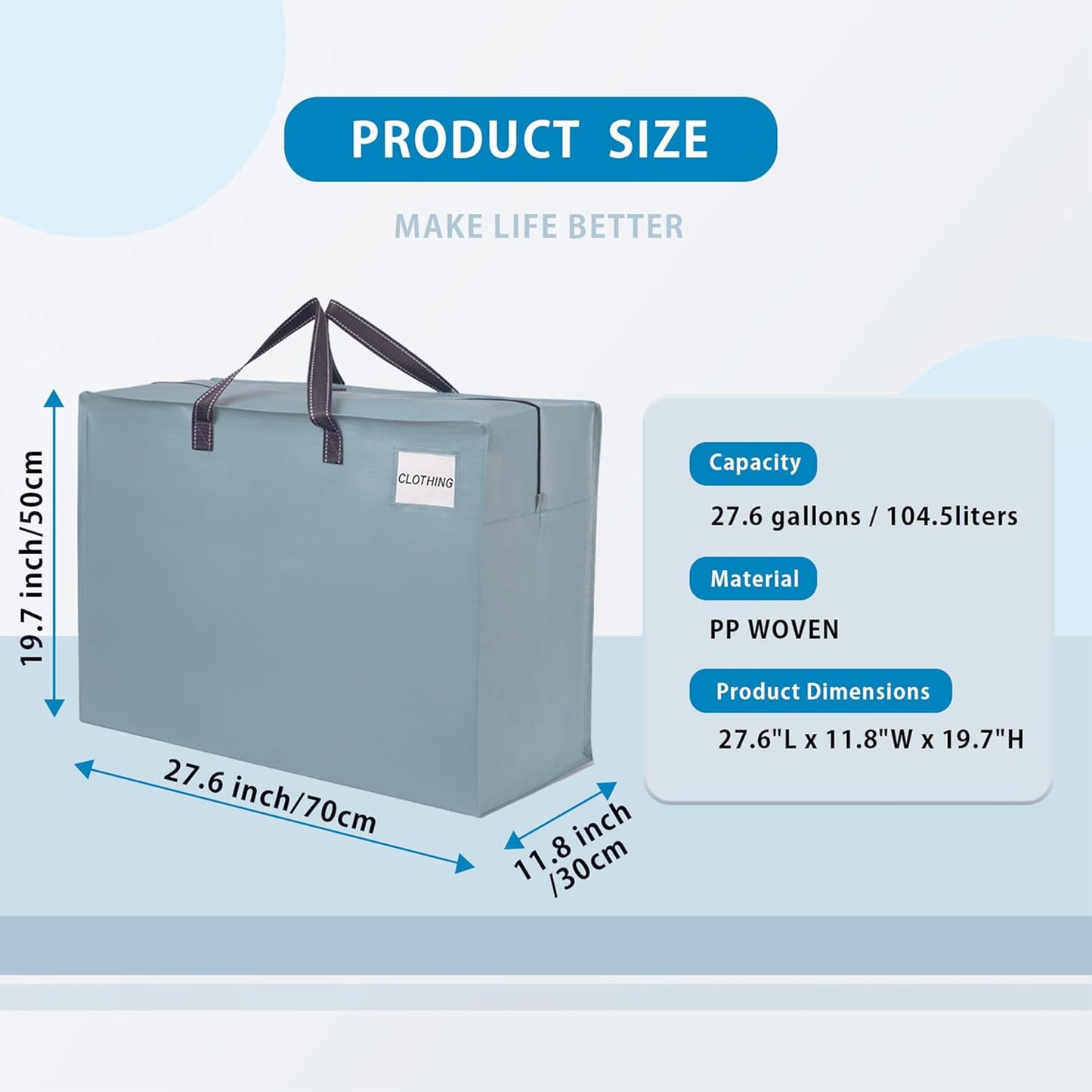 VENO 6 Pack Heavy Duty Moving Bags, Storage Bags, Packing Supplies, Top Zipper, Storage Totes for Camping, Clothes, Bedding, Comforters, Pillows (27 Gallon Light Blue, 6 Pack)