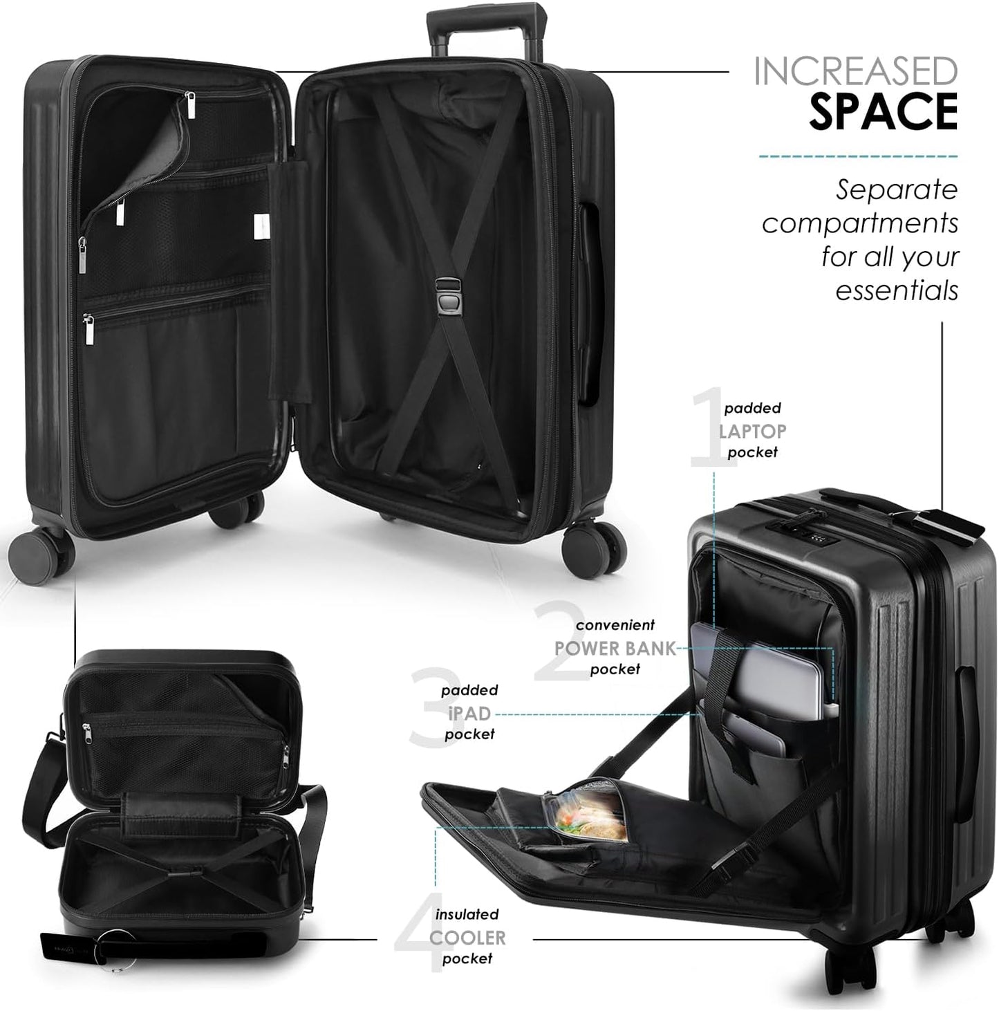 22 Inch Carry On Luggage 22x14x9 Airline Approved, Carry On Suitcase with Wheels, Hard-shell Carry-on Luggage, Durable Luggage Carry-On, Jet Black Small Suitcase with Cosmetic Case