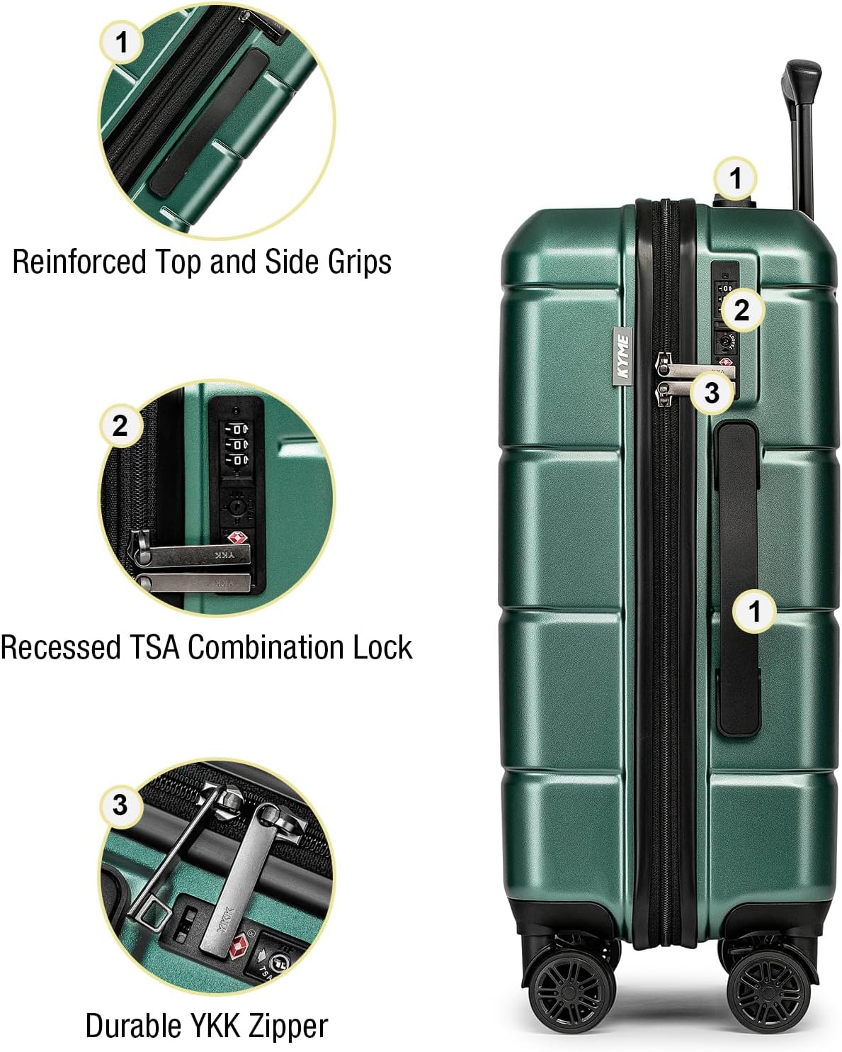 KYME 30 Inch Luggage TSA Approved Hardside Suitcases with Spinner Wheels Durable Large Travel Checked Rolling Luggage with Cup Holder for Women Men Green