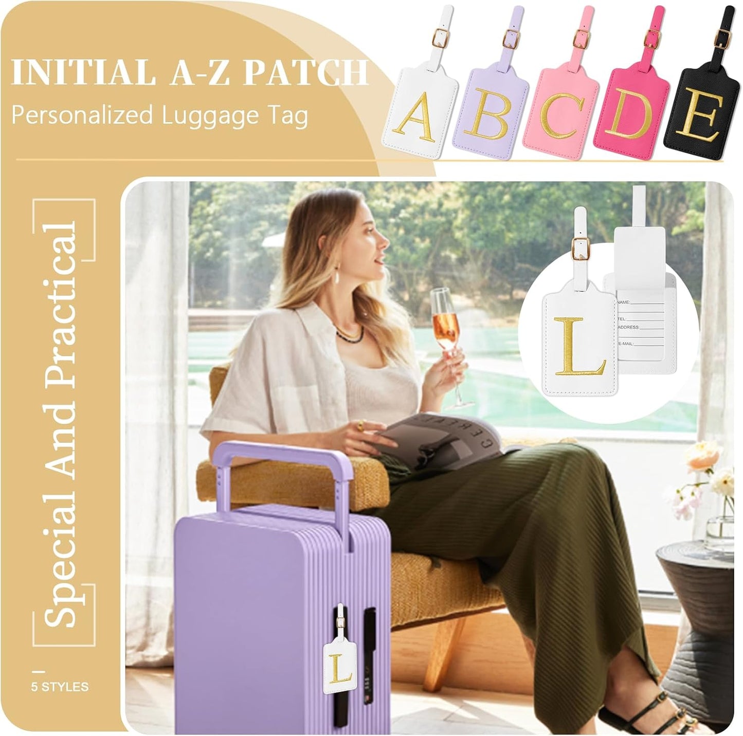 Personalized Initial Luggage Tags for Suitcase TSA Approved, White Leather Cute Luggage Tag with Privacy Cover Name Card, Embroidered Custom Luggage Tags Travel Baggage Tags Gifts for Women Kids(L)