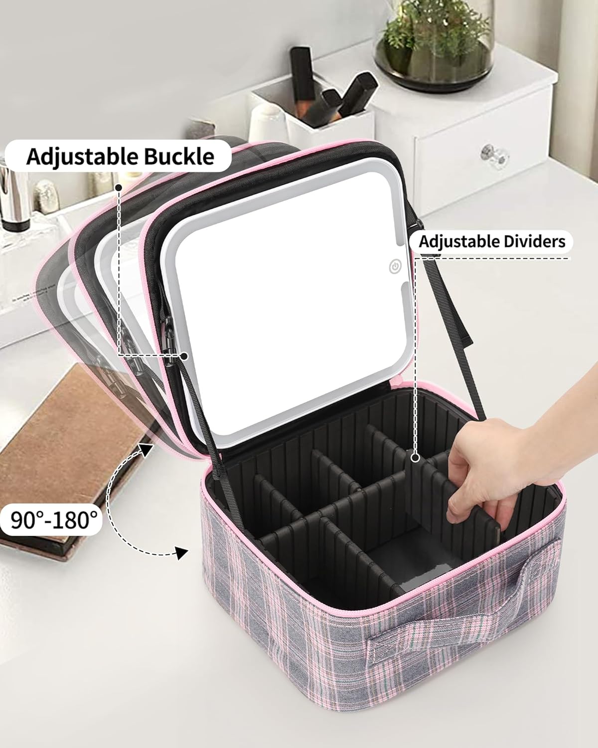 Makeup Bag With LED Mirror, Travel Makeup Case with Light up Mirror Large Cosmetic Case with 3 Color Lighted Portable Organizer Bag with Adjustable Dividers(Pink/Grey Stripes-Canvas, Small)