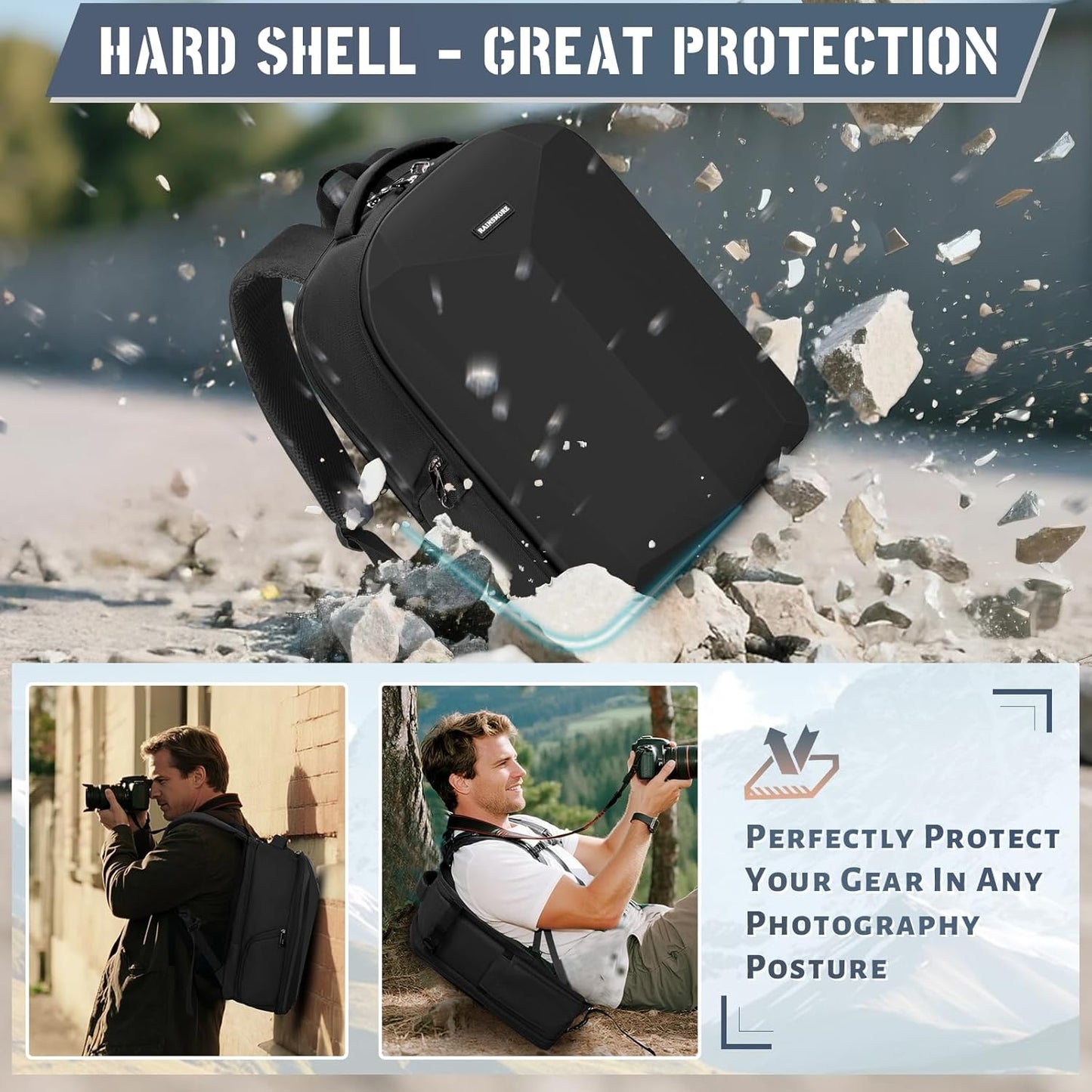 RAINSMORE Camera Backpack Hard Shell for DSLR/SLR Waterproof Camera Bag with Laptop Compartment 15.6 Inch Professional Camera Case with Rain Cover Photography Backpack Bag with Camera Lens Case Black