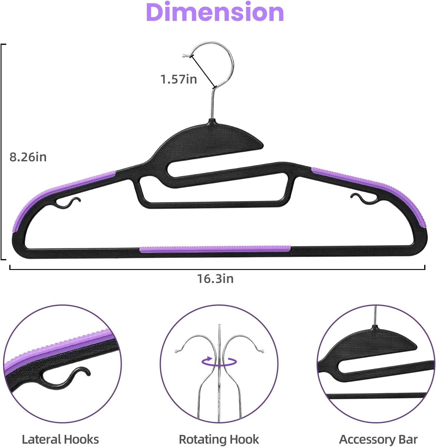 BAGAIL Plastic Hangers 50 Pack with Non-Slip Design,0.2 Inches Thick, 360°Swivel Hook Space Saving Organizer for Bedroom Closet,Shirts,Pants(Purple- S Shaped)