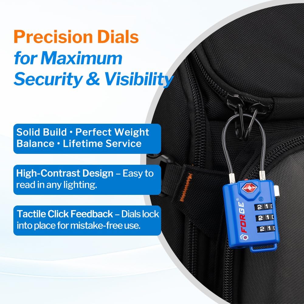 Bright Colors, TSA Approved Cable Luggage Locks 2 Pack Blue, Re-settable Combination with Alloy Body