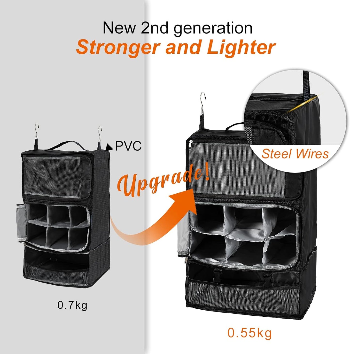 TABITORA Travel Portable Hanging Shelves Closet Organizer Packing Luggage Storage with Multifunctional and Foldable Invisible Compartment,Lightweight, for Suitcase, RV,Closet…Black,XL