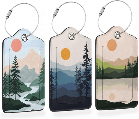 3 Pcs Luggage Tag for Suitcases,Mountain and Tree Sunset Landscape Leather Baggage Tags Identifiers for Travel,Privacy Protection Travel Bag Labels Suitcase Tags for Women Men