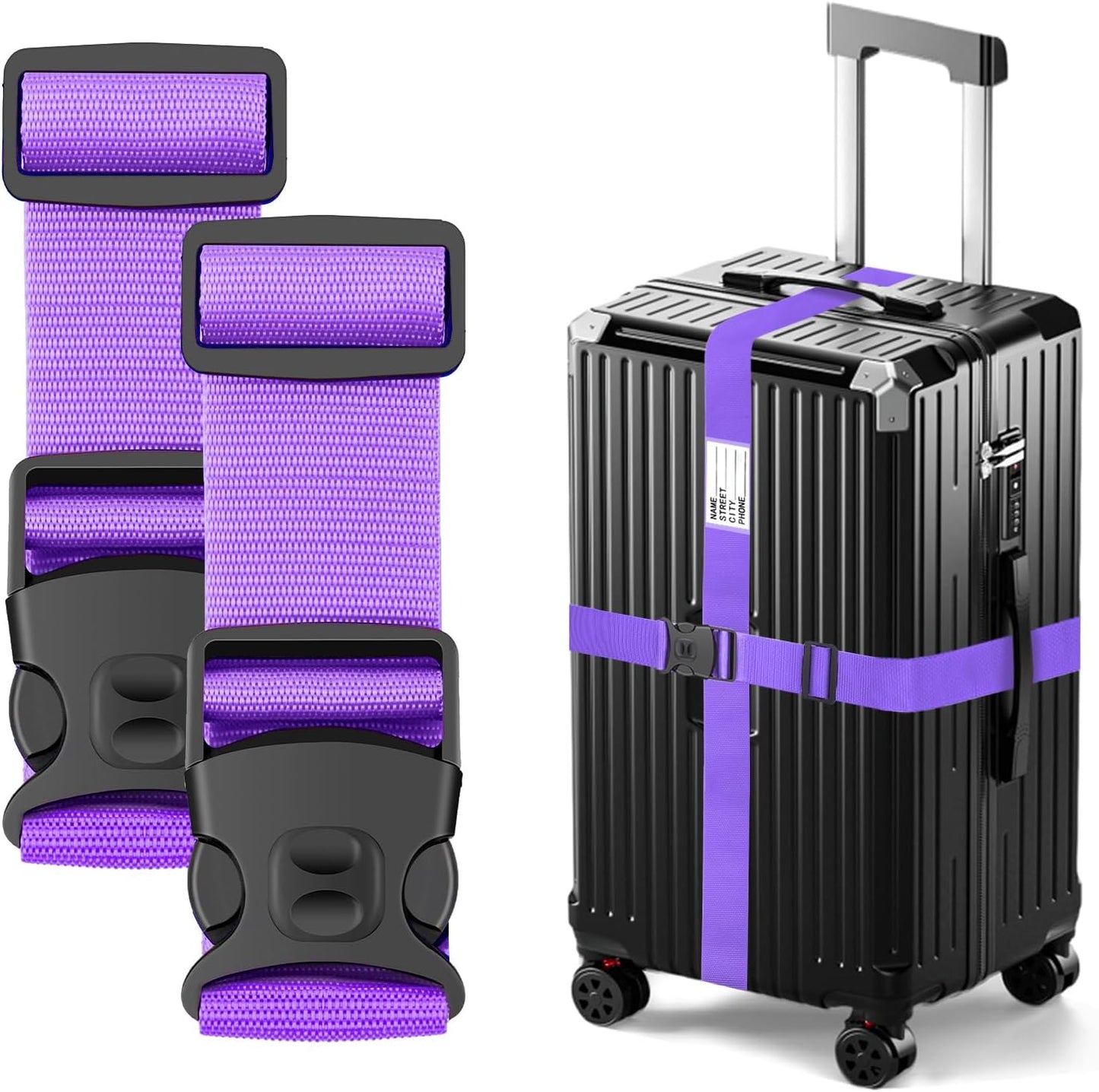 BILIONE Luggage Straps 88 inch Adjustable Suitcase Belt, Lockable Against Accidental Opening, Easy to Identify Travel Accessories, Add a Bag Connector (Lucky Purple, 2)