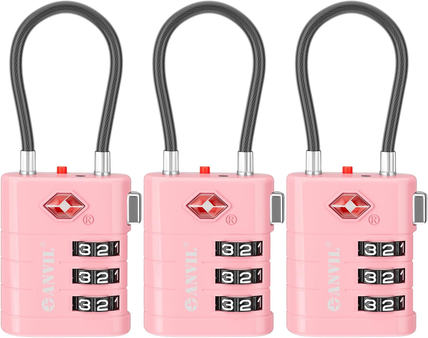 ANVIL TSA Approved Luggage Locks – High Security TSA008 Combination Travel Locks with Inspection Indicator for Suitcases and Backpacks. (3, Pink)