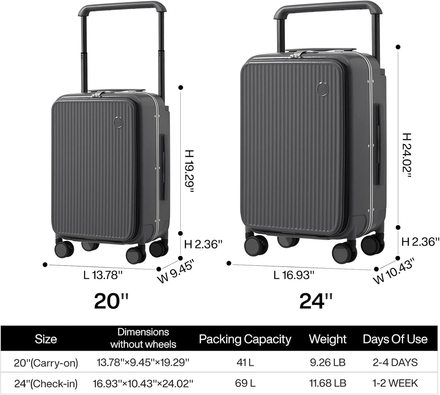 mixi Luggage Suitcases with Spinner Wheels 24'' Travel Luggage with Front Laptop Pocket, Wide Handle PC Hardshell Suitcase with TSA Lock, Checked Luggage(Rock Grey)