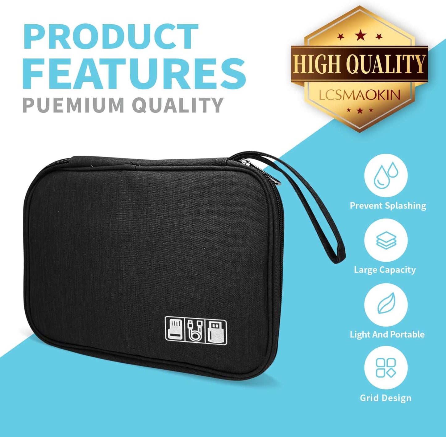 Electronics Organizer Travel Case,Electronic Accessories Storage Bag,Portable Waterproof Cable Organizer Bag,with 5 Cable Ties，for Travel,Work-Black