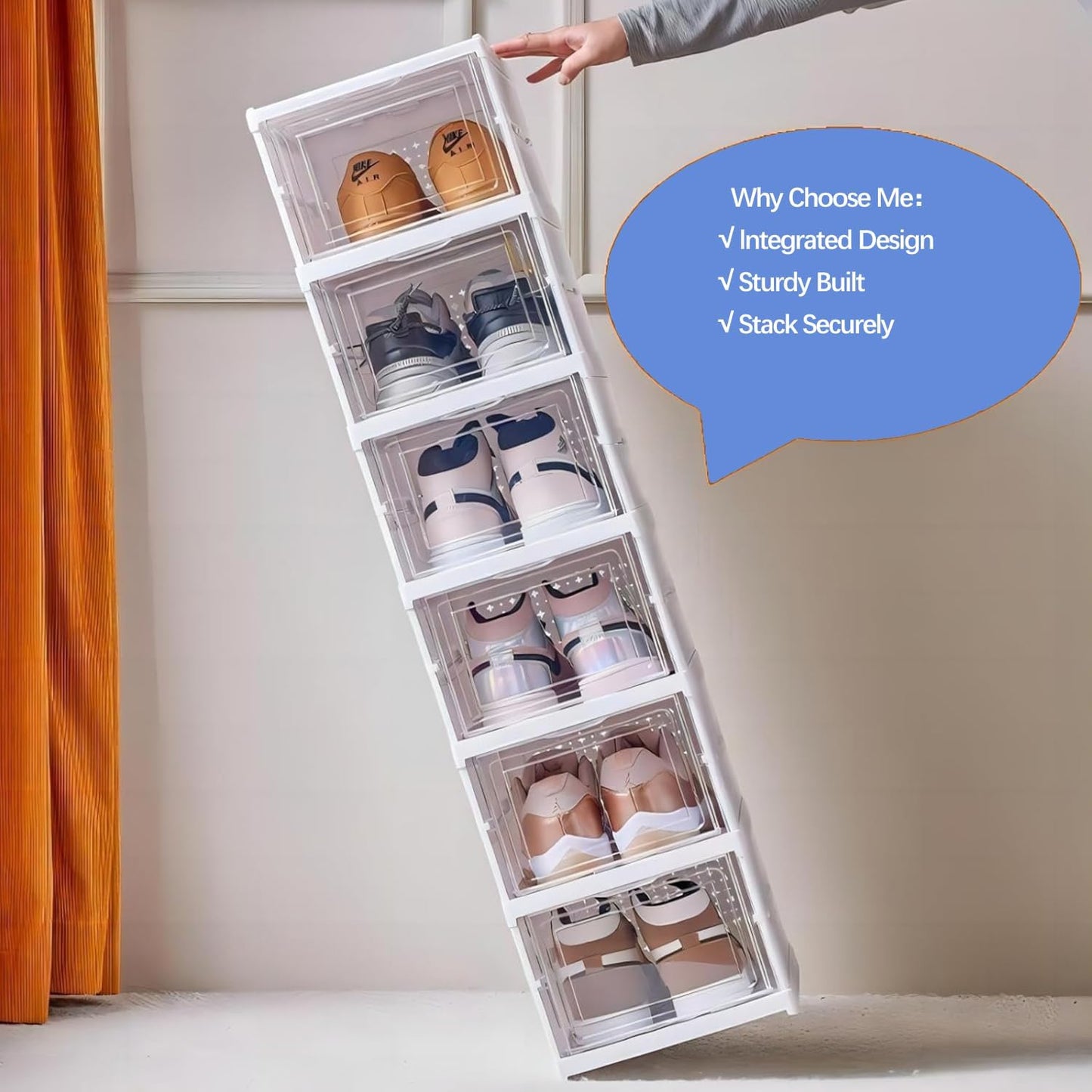 Shoe Organizer Foldable Shoe Rack, No Assembly Box Covered Shoe Storage with Doors, Free Standing Space Saving Shoe Box Stackable Dustproof 6,3 (1×6 Tiers)