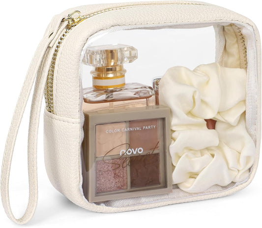 PACKISM Small Clear Makeup Bag - PU Leather Clear Travel Bags for Toiletries Mini Makeup Bag for Purse, Portable Cosmetic Bag Car Bag for Essentials for Women Gift Daily Use (Beige Mini)