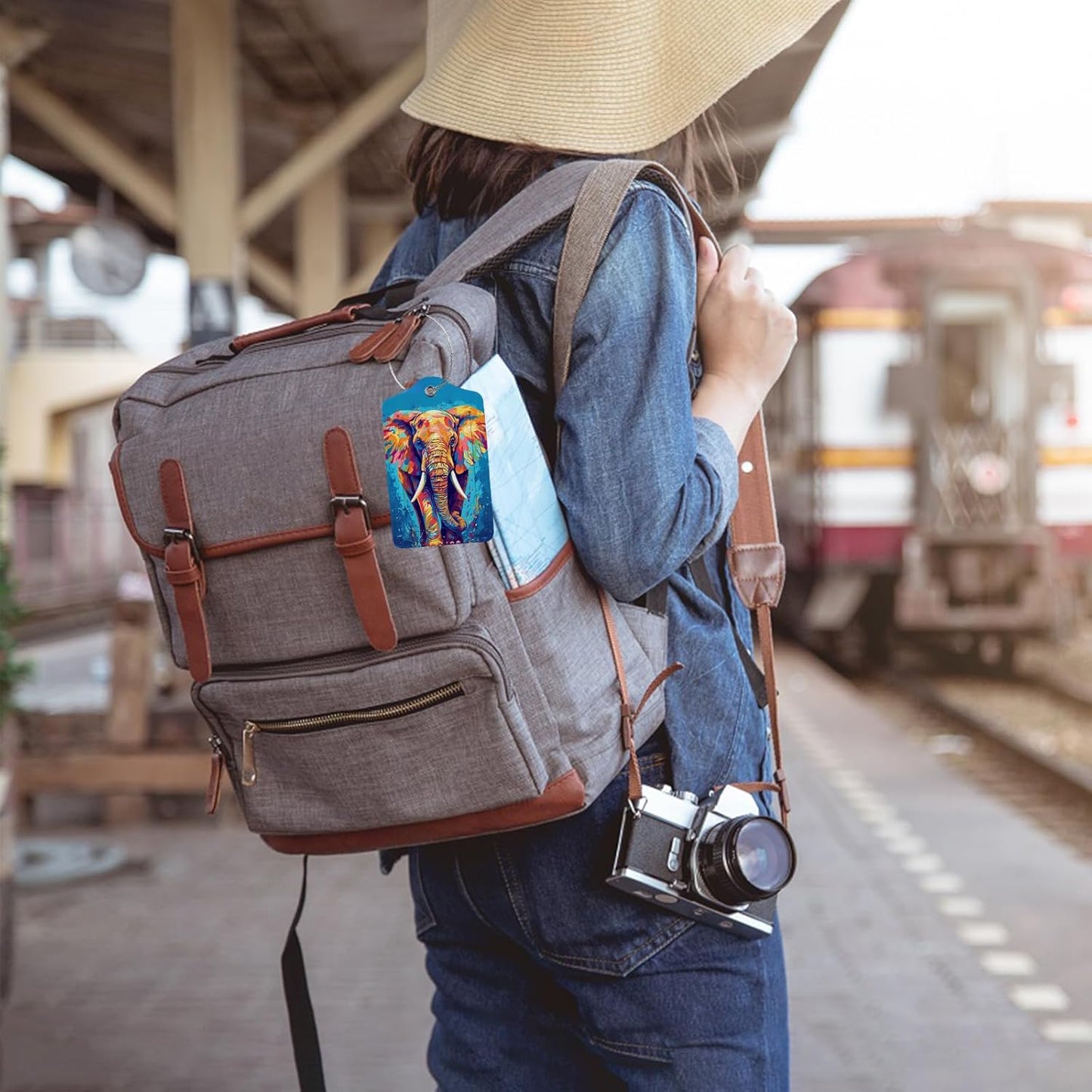 Colorful Elephant 2-Pack Luggage Tags for Suitcases,Leather Baggage Tag with Loop, Tags Private Name ID Labels for Women Girl Men Boys Travel Baggage Suitcase