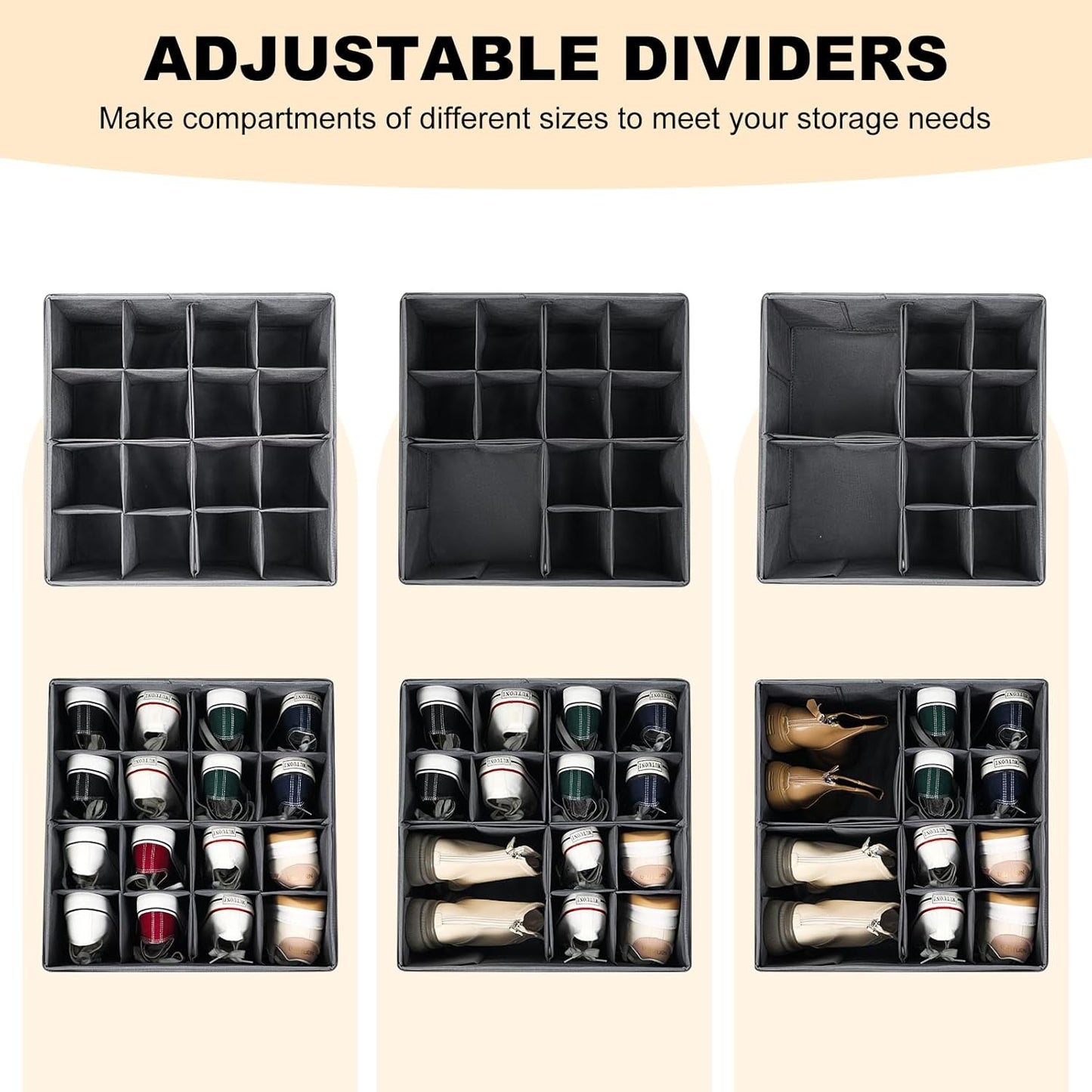 Shoe Organizer for Closet, Foldable Shoe Storage Bins with Clear Cover, Large Shoe Box Storage Container with Adjustabele Dividers, Fits up to 16 Pairs, Gray