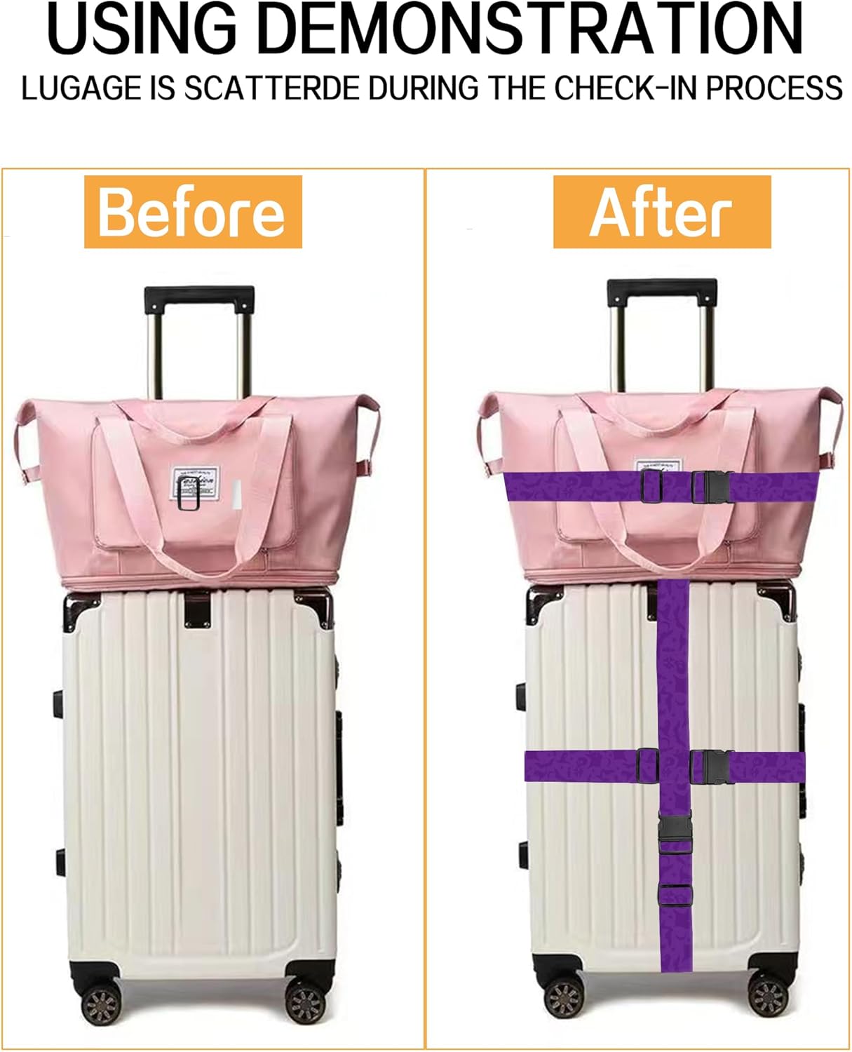 Luggage Straps for Suitcases, Adjustable Travel Belt, Durable Wide Luggage Strap, Cute Suitcase Strap Identifiers with Buckle, Bag Straps for Luggage, Purple Bats Skulls