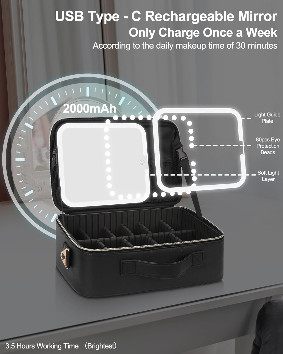 Chomeiu Makeup Bag with LED Mirror, Travel Cosmetic Train Case for Women, Makeup Artists Large Organizer Box with Vanity Light Up Mirror, 3 Color Lights, Adjustable Dividers & Shoulder Strap (Black)