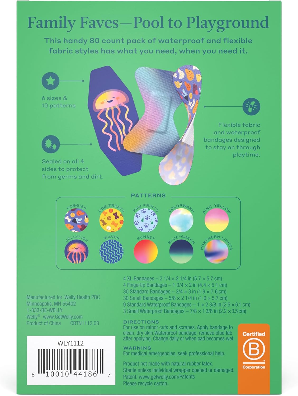 Welly Bandage Family Pack | Adhesive Flexible Fabric & Waterproof Bandages | Assorted Shapes and Patterns for Minor Cuts, Scrapes, and Wounds - 80 Count