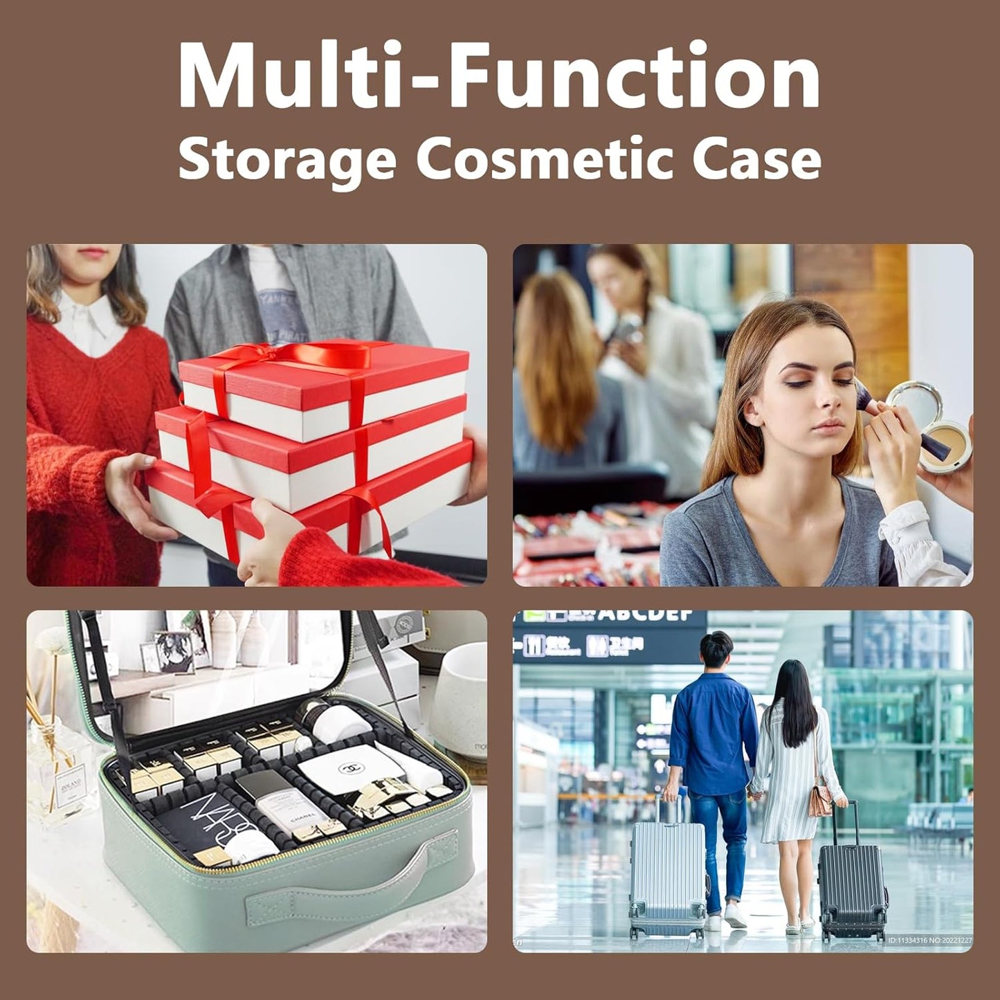 Travel Makeup Bag with LED Lighted Mirror, Travel Makeup Organizer,3 Color Setting Cosmetic Makeup Box, Adjustable Dividers and Brush Holder（Mocha）