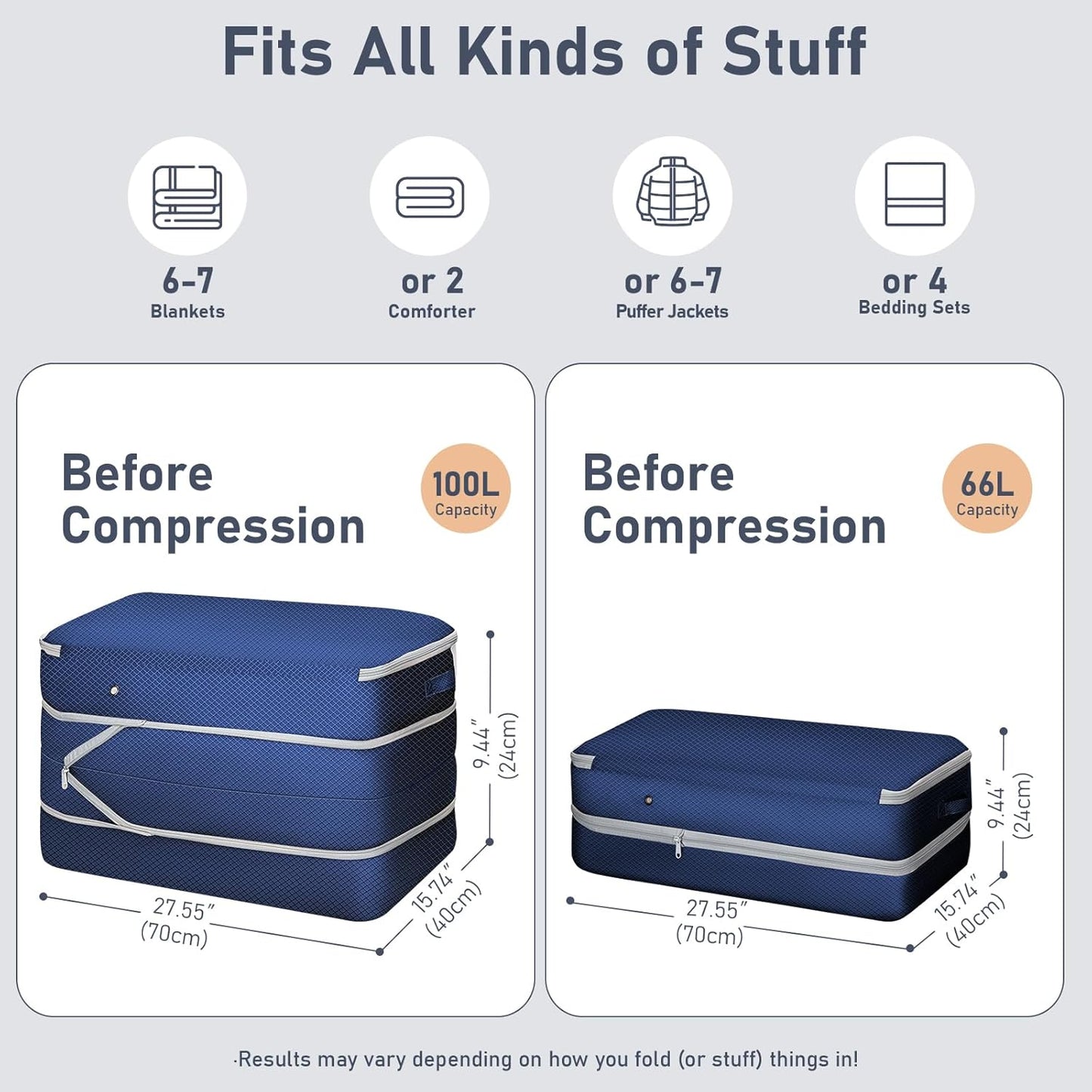 DIMJ Comforter Storage Bag - 100L Large Capacity Blanket Storage Compression Bags, Washable Space Saving Self Compression Organizer with Window Handles, Space Saver for Clothes, Bedding, Sheet