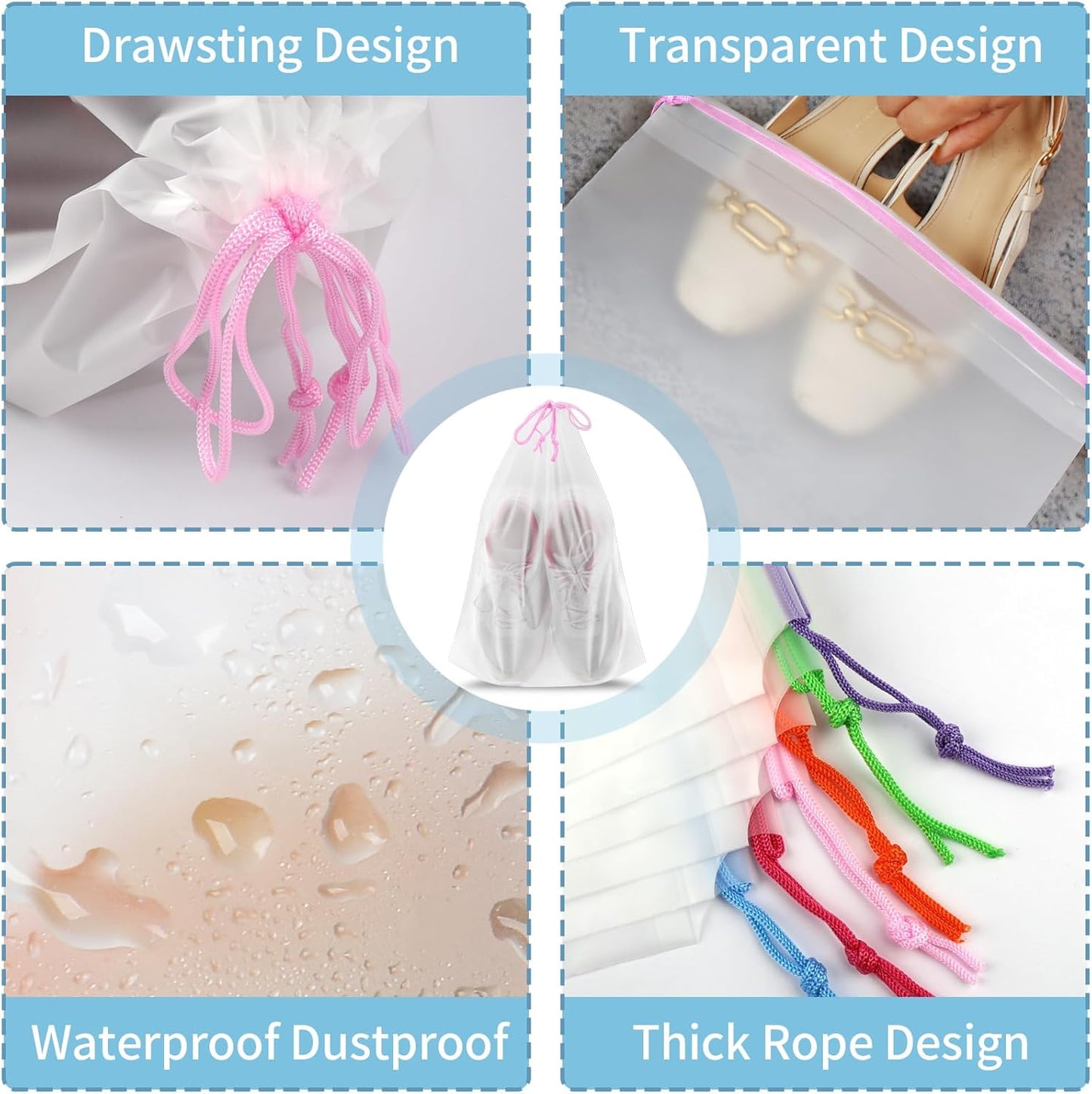 18 Pack Shoe Bags for Travel, 15.7" x 11.8" Clear Travel Shoe Bags for Packing with Colorful Drawstring, Large Waterproof Portable Travel Shoe Storage Bag Travel Essentials Women for and Men