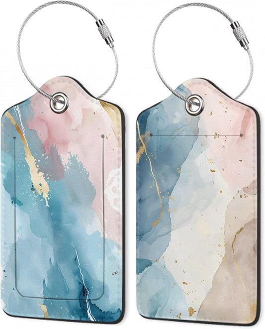 Luggage Tags for Suitcase,Abstract Colorful Marble Texture Luggage Tags of Set 2 Leather Identifiers Privacy Cover with Stainless Steel Loop for Women Men Travel Bag Suitcase