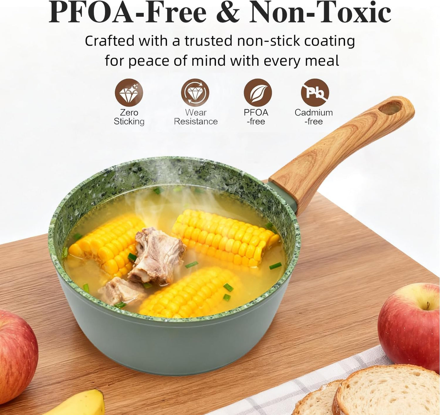 3-Piece Nonstick Pots and Pans Set with Lids, Includes 8.5 Inch Frying Pan 1.5Qt Saucepan and 2.2Qt Stock Pot, PFOA Free Dishwasher Safe Induction Compatible Family Cookware, Green