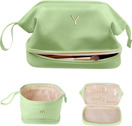 Gifts for Ladies,Initial Large Makeup Bag, Bride To Be Gifts, Double Layer Cosmetic Bag, Waterproof PU Travel Toiletry Bag for Bachelorette Party Women Wedding Bridal, Bride Gifts