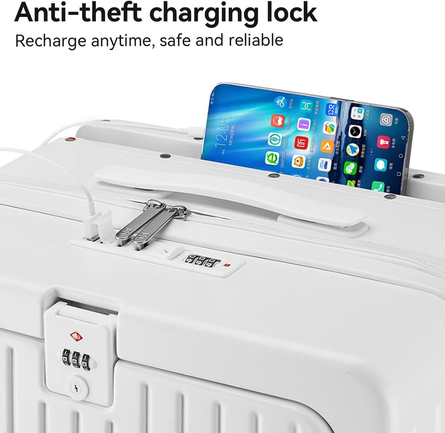 SOKOK Front Pocket Luggage Carry On with Spinner Wheels, Wide Handle Travel Suitcase PC Hardshell Durable Rolling Luggage for Business Trip with Charging Port and Cup Holder, White