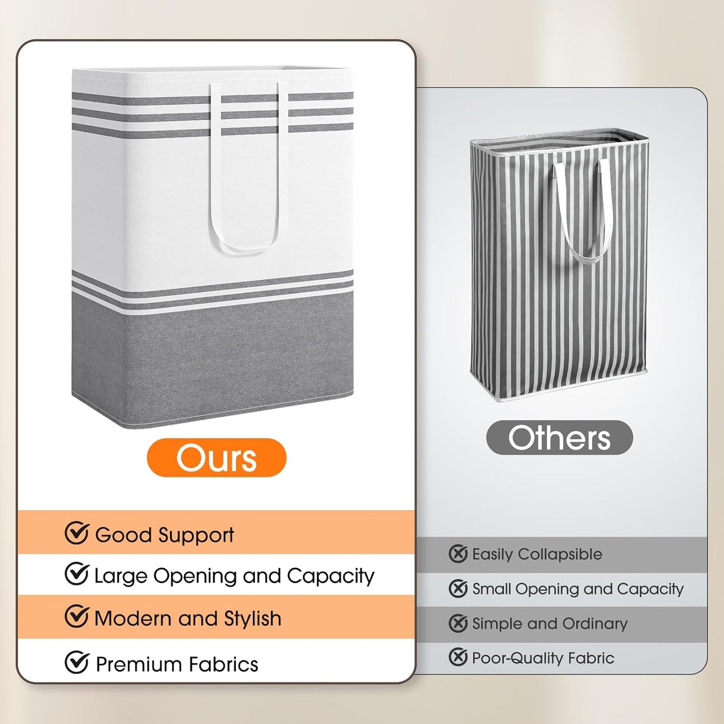 2 Pack Large Home Laundry Basket, Laundry Hamper, Freestanding Waterproof Dirty Clothes Bag, Tall Clothes Hamper - Extended & Reinforced Handles for College Dorm, Family (Light Grey/125L)