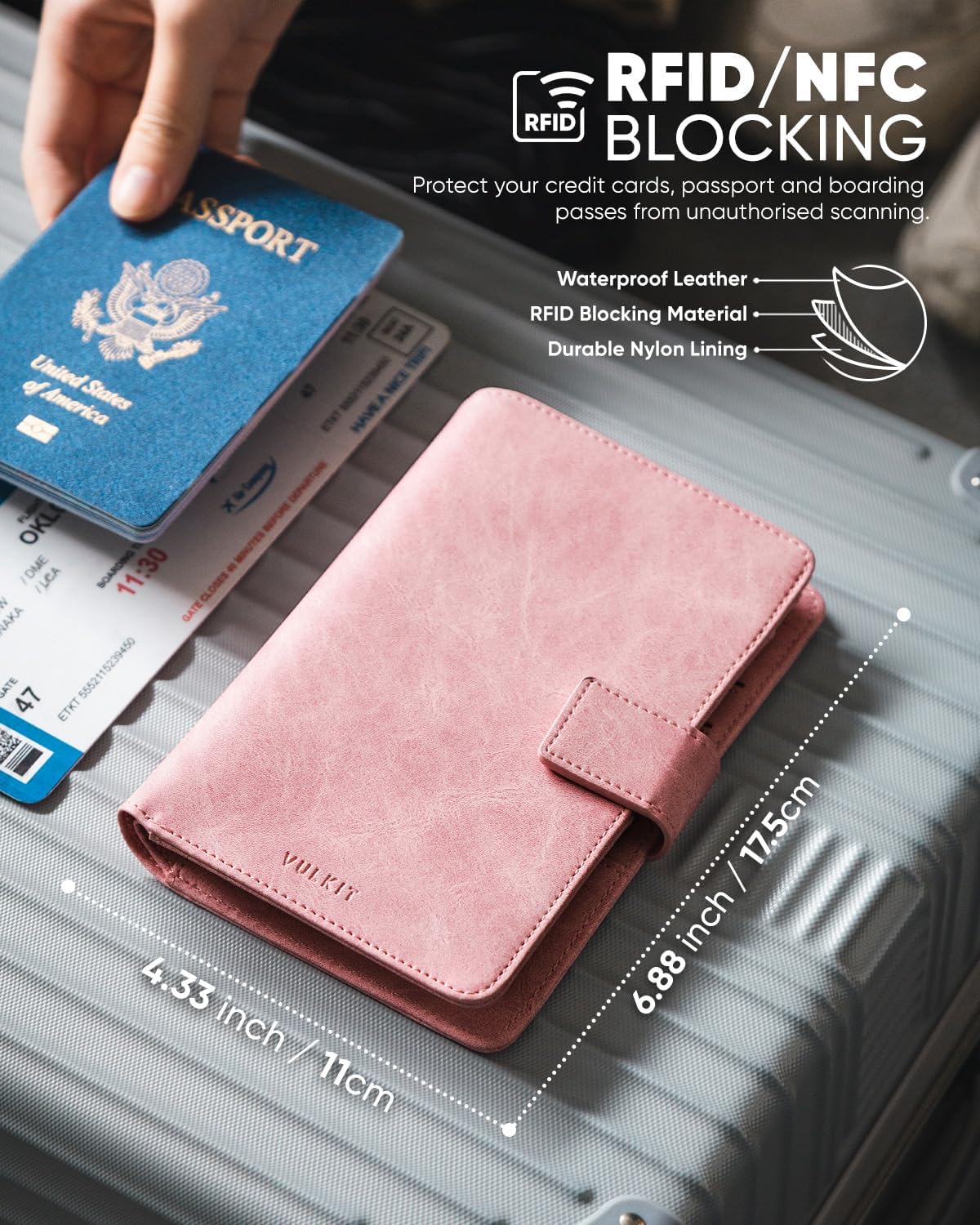 VULKIT Passport Holder with Airtag Holder RFID Blocking Passport Wallet Travel Leather Passport for Women(Pink)