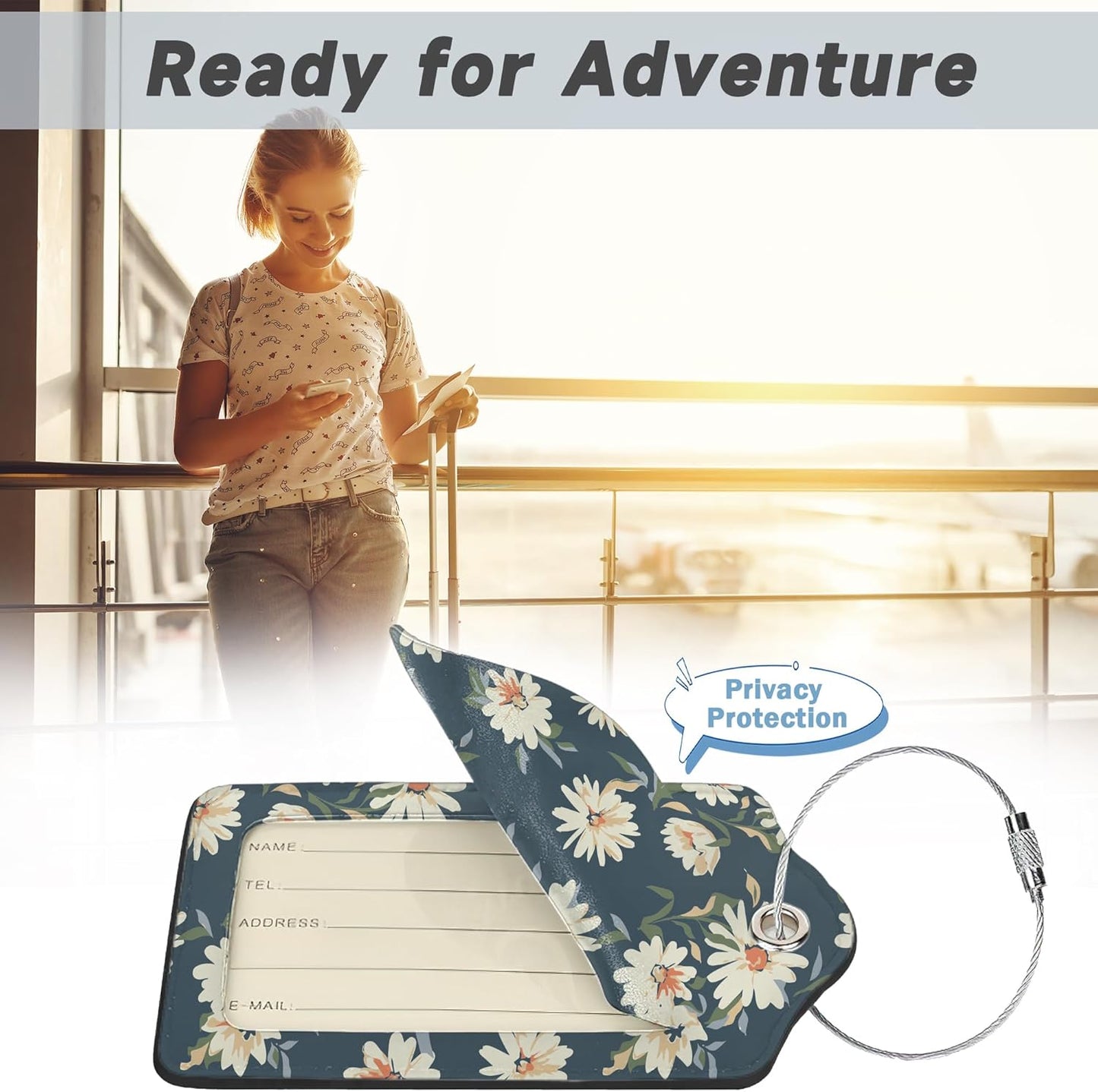 2 Pack Leather Luggage Tag for Suitcase Retro Daisy Flower Unique Travel Tags with Privacy Cover ID Label & Stainless Steel Loop for Men and Women Baggage