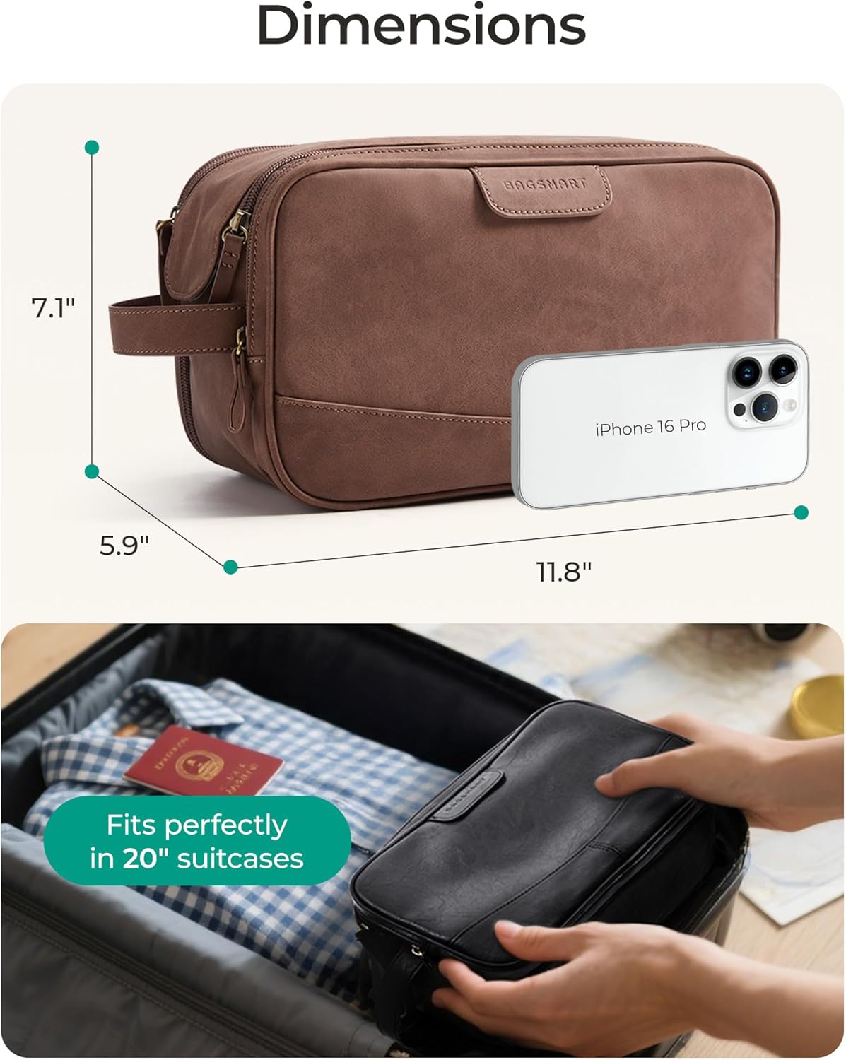 BAGSMART Toiletry Bag for Men, PU Leather Travel Bag for Toiletries, Dopp Kit Water Resistant Shaving Bag for Bathroom Shower-Light Brown