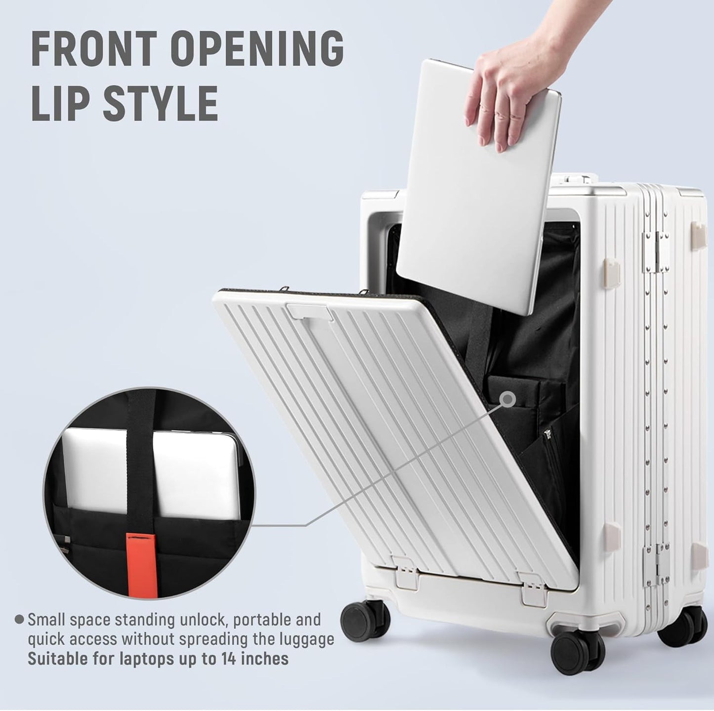 UrbanExplorer 20 Inch Carry On Luggage TSA Approved, Aluminum Frame Zipperless Luggage Carry On with Compartment for Short Trips, ABS+PC Hard Shell Suitcases with Spinner Wheels, White