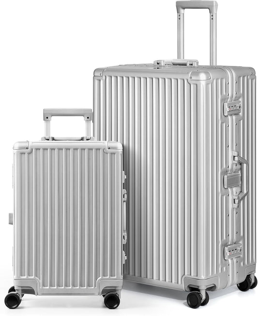 AnyZip Luggage Sets 2 Piece Aluminum Frame Carry On and Checked Suitcase PC ABS Hard Shell TSA Lock No Zipper(Silver, 20/28)