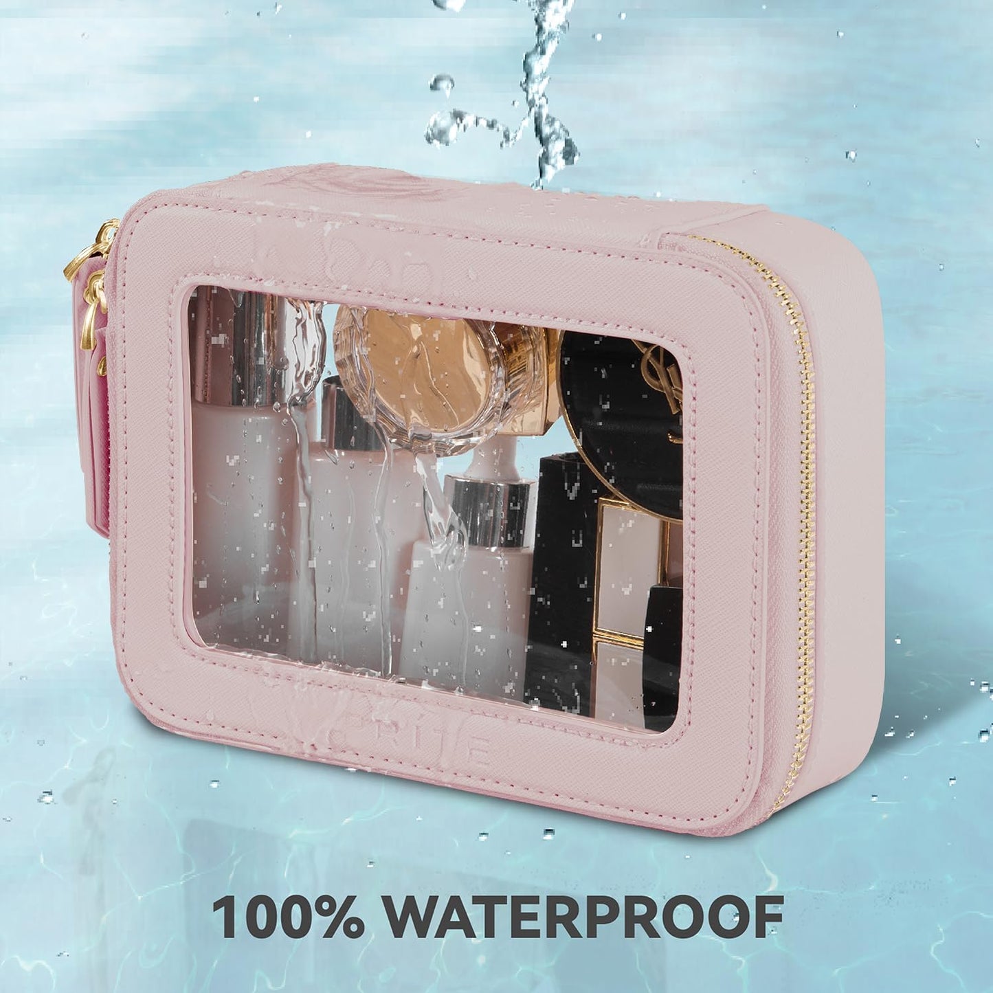 Prite Clear Makeup Bag Cosmetic Organizer Case Waterproof Travel Toiletry Bag Skincare Pouch with Golden Zipper(Pearlescent Pink)