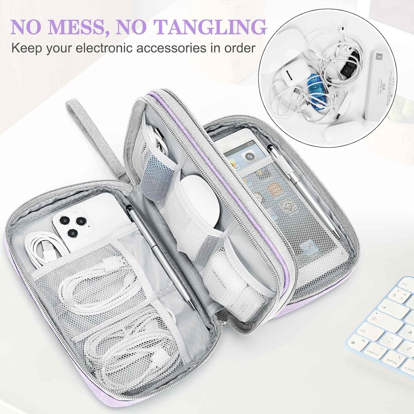 FYY Electronic Organizer, Large Travel Cable Organizer Bag Pouch Electronic Accessories Carry Case Portable Waterproof Double Layers All-in-One Storage Bag for Cable, Cord, Charger, Light Purple