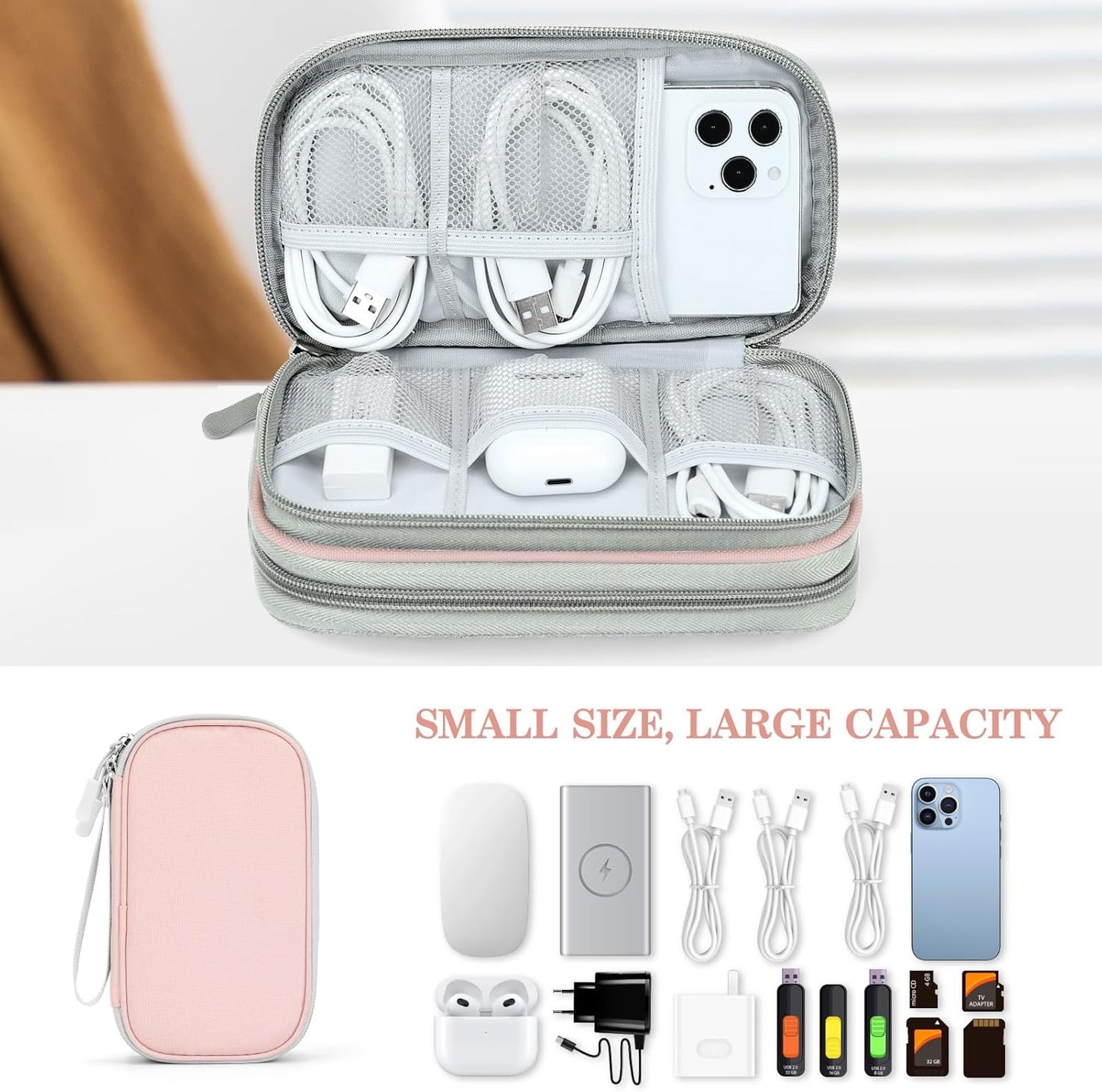 FYY Electronic Organizer, Travel Cable Organizer Bag Pouch Electronic Accessories Carry Case Portable Waterproof Double Layers All-in-One Storage Bag for Cable, Cord, Phone, Earphone-Light Pink