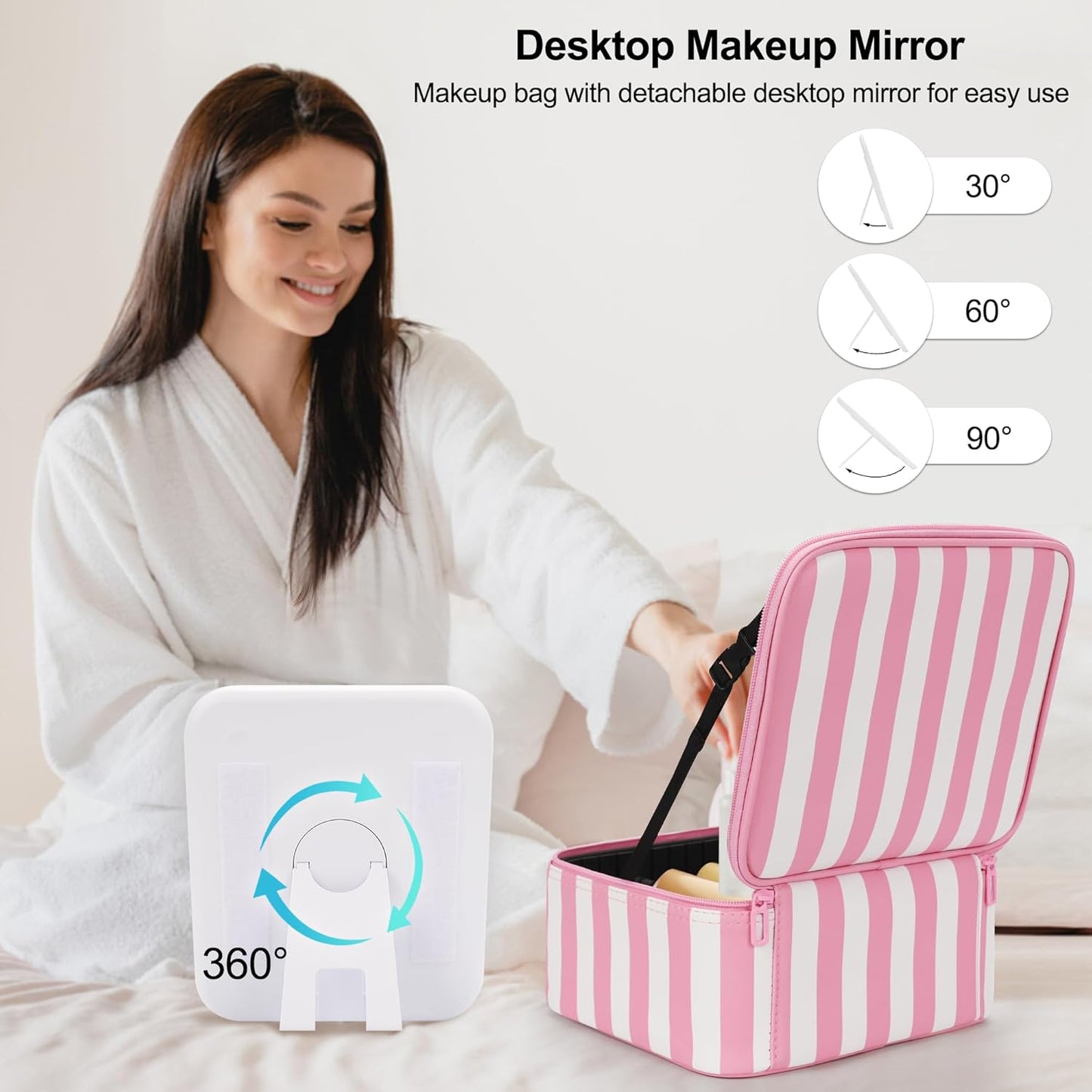 Makeup Bag With LED Mirror, Travel Makeup Case with Light up Mirror Large Cosmetic Case with 3 Color Lighted Portable Organizer Bag with Adjustable Dividers (Pink/White Stripes, Small)